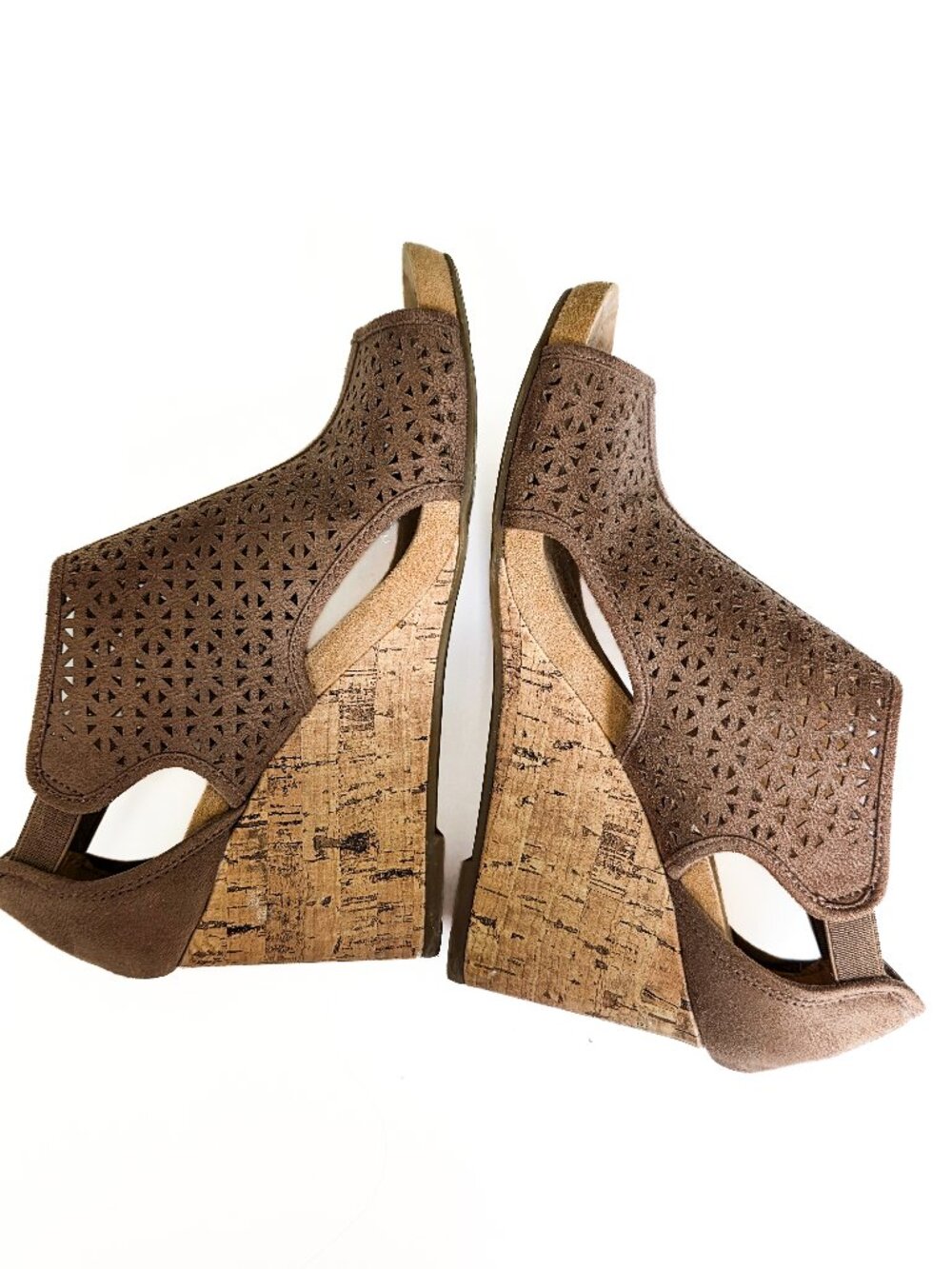 LifeStride Soft System Brown Laser Cut Peep Toe Cork Wedge Sandals Size 8.5 M